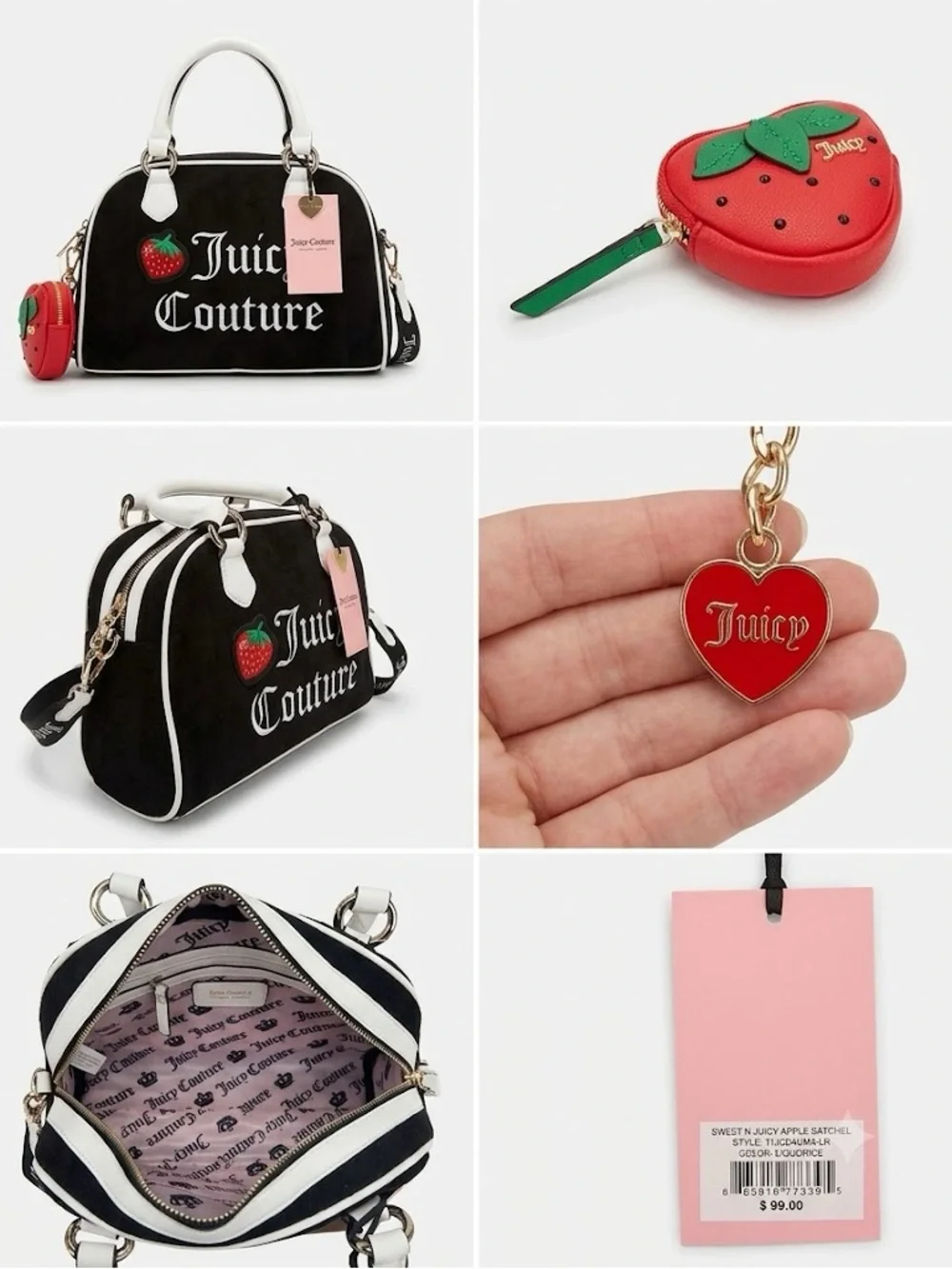 NWT Exclusive Juicy Couture Black Satchel w/ Strawberry Coin Purse & White Trim! - Picture 5 of 5